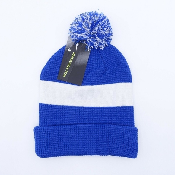 NEW Nike Unisex Adult's Authentic Removable Pom Beanie Hat DH2412-480 Blue/White - Picture 3 of 9